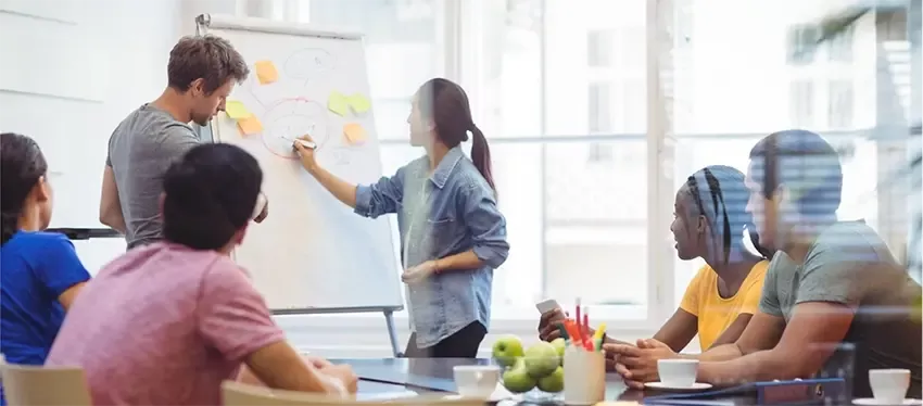 Grupo de trabajo frente a un esquema relacionado con cómo subtitular en PowerPoint