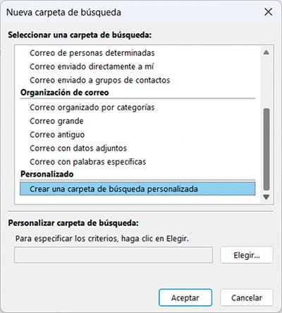 Visual de carpetas de búsqueda en Outlook
