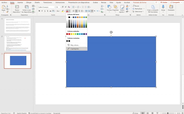 Opciones en desplegable de la herramienta cuentagotas en PowerPoint
