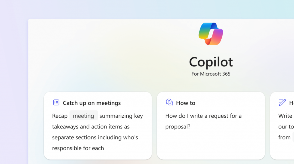 Interfaz de Microsoft 365 Copilot con tarjetas de sugerencias para resumir reuniones y redactar propuestas