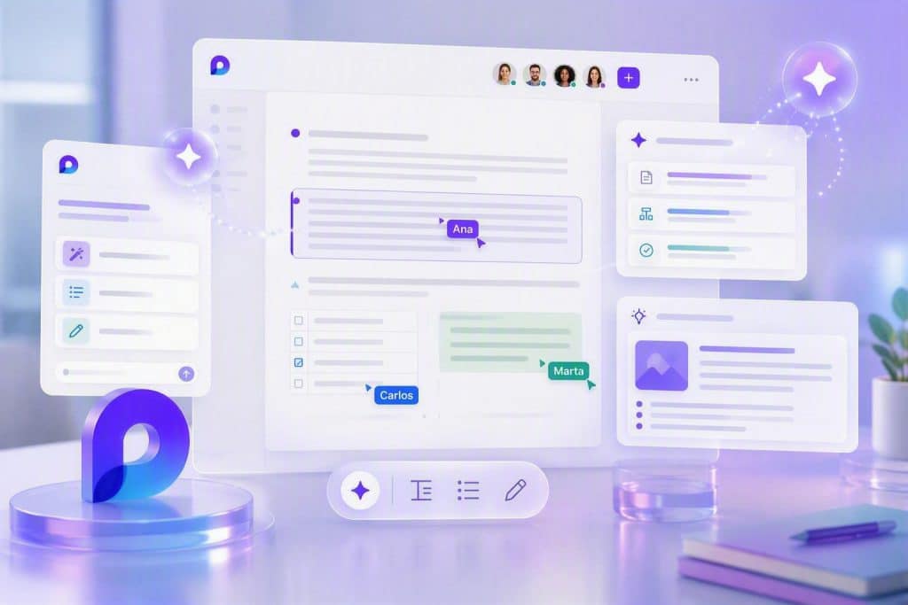 Varios usuarios editando a la vez un documento en Microsoft Loop colaboración tiempo real con ayuda de IA