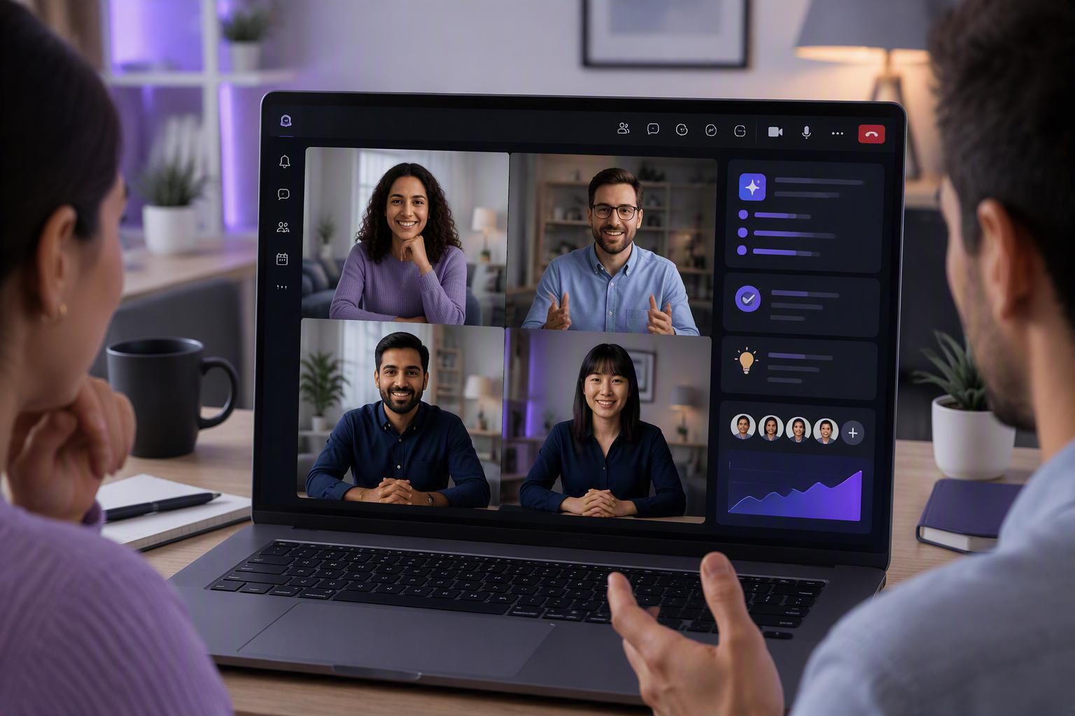 Equipo de trabajo colaborando en una videollamada con funciones de IA de Teams