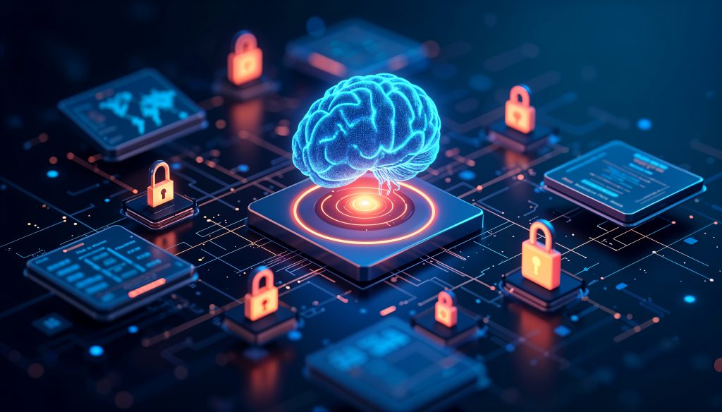 Cerebro digital rodeado de candados, representando la seguridad y gobernanza exigida por el AI Act