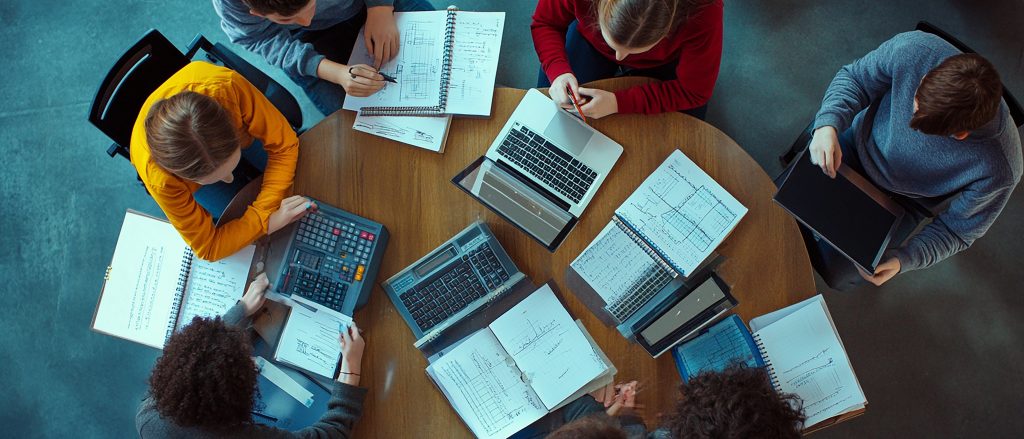 Grupo de profesionales preparando exámenes de certificación Microsoft con apuntes y calculadoras