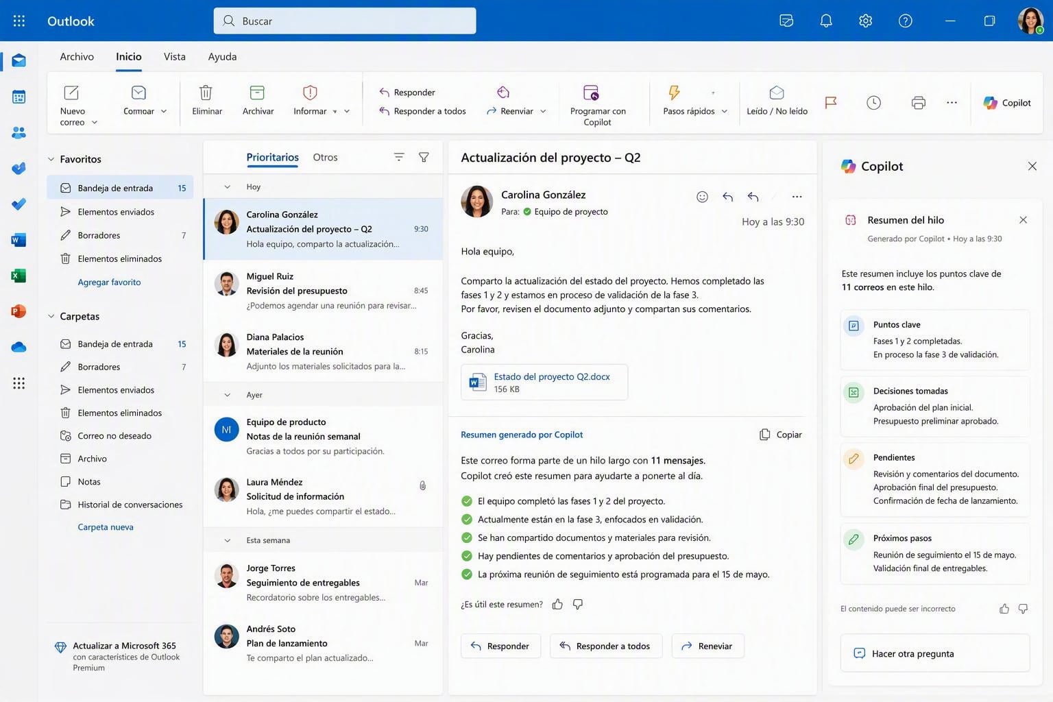 Resumen de un hilo de correo largo generado automáticamente por Copilot en Outlook