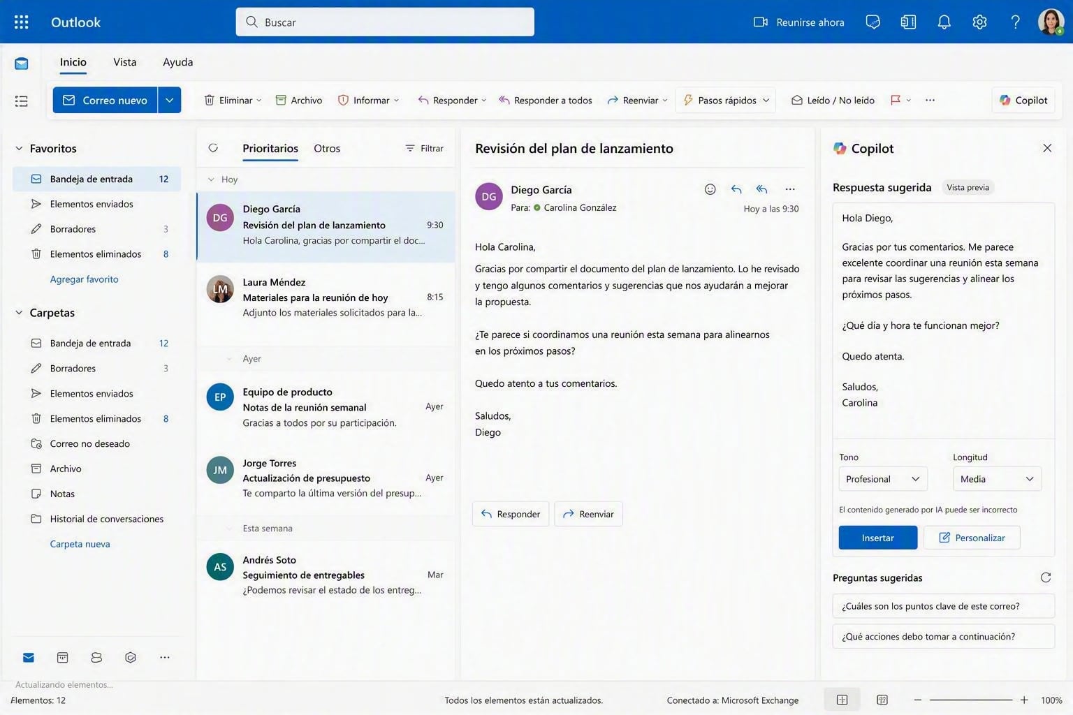Respuesta de correo sugerida por Copilot en Outlook