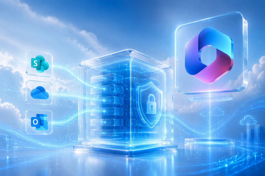 Ilustración de Microsoft 365 Backup mostrando la protección centralizada de datos de SharePoint, OneDrive y Outlook mediante copias de seguridad seguras en la nube.