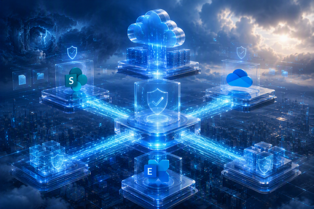 Infraestructura de Microsoft 365 Backup conectando SharePoint, OneDrive y Exchange mediante copias de seguridad y recuperación de datos para garantizar la continuidad de negocio y la protección frente a incidentes.