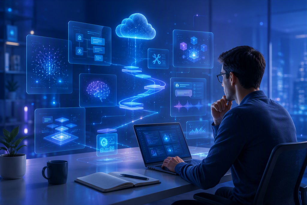Profesional trabajando con servicios de Azure AI mediante paneles holográficos que muestran visión artificial, asistentes conversacionales y automatización inteligente.