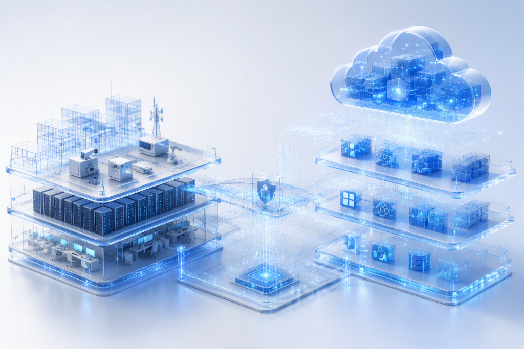 Arquitectura híbrida que integra servidores locales, computación perimetral y servicios de Azure mediante una plataforma unificada y segura.