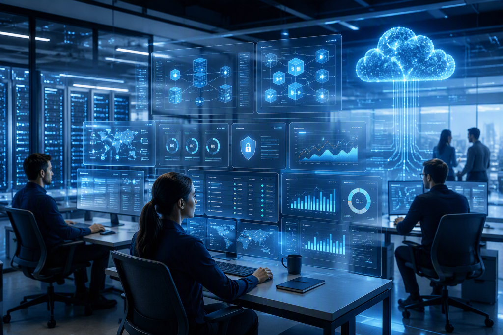 Profesionales de TI supervisando Azure Local mediante paneles de monitorización, seguridad y gestión de cargas de trabajo en entornos híbridos.