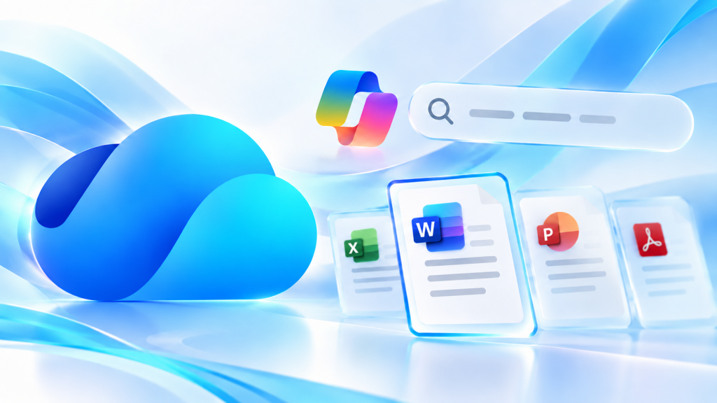 Logos de OneDrive y Copilot junto a una barra de búsqueda y documentos de Microsoft 365, con un archivo Word destacado.