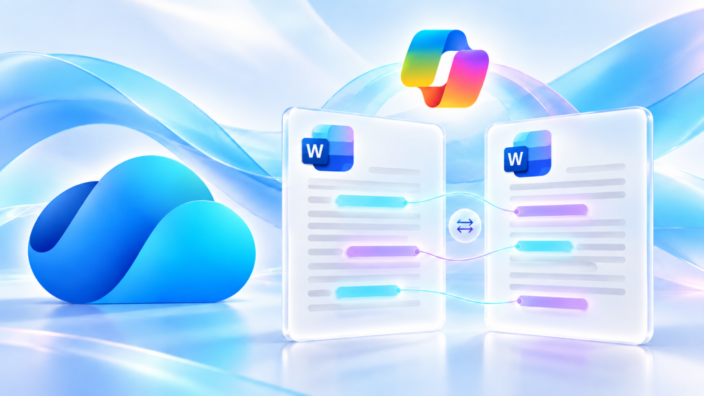 Dos documentos Word con diferencias resaltadas y conexiones entre sus contenidos, junto a los logos de OneDrive y Copilot.
