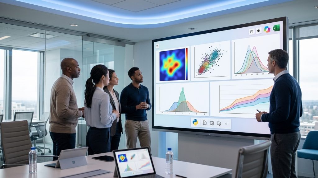 Python en Excel: equipo revisando en una reunión un mapa de calor, gráficos de dispersión y curvas de distribución generados con Copilot