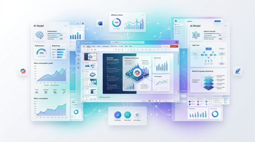 Novedades Copilot: PowerPoint con Copilot rodeado de paneles de modelos de IA con métricas de rendimiento, razonamiento y consumo de tokens
