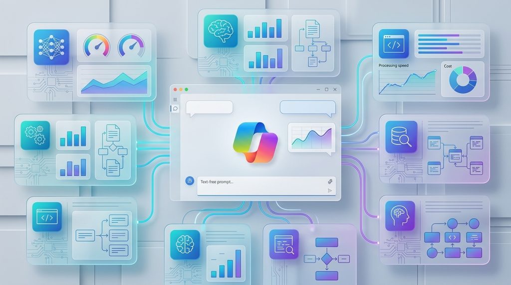 Novedades Copilot: panel de Microsoft Copilot con gráficos de eficiencia, tendencias y análisis de retorno de la inversión