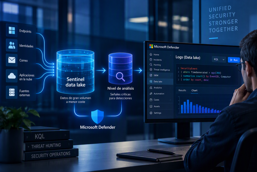 SOC en Microsoft Defender: datos de endpoints, identidades, correo y nube que fluyen al Sentinel data lake y al nivel de análisis, con una consulta KQL en el portal de Defender