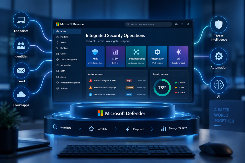 SOC en Microsoft Defender: portal de Integrated Security Operations con XDR, SIEM, inteligencia de amenazas, automatización e IA, incidentes activos y postura de seguridad